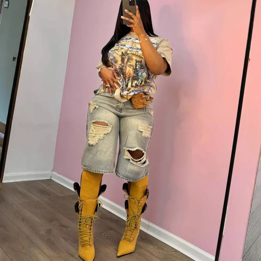 

Европа Америка Летние новые свободные брюки с высокой талией, винтажные рваные джинсовые прямые широкие брюки средней длины. Повседневные джинсовые шорты