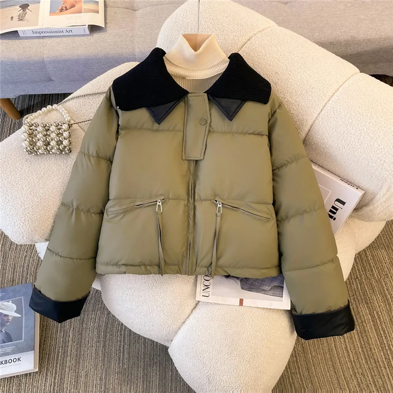 2025 autumn new winter short Down cotton jacket Women Parkas fashion loose PU leather thick warm padded Clothes Female coat T659