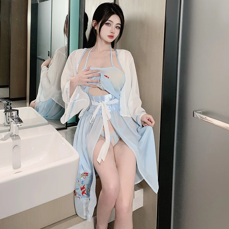 Sexy Chinese Traditional Style Skirt Lingerie Set Embroidery See-through Robe Hanfu Nightdress Cosplay Women Fairy Sleepwear New