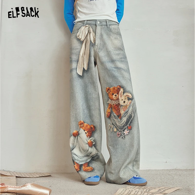 ELFSACK Women's Loose Wide Leg Jeans with Cute Teddy Bear Print, Asymmetric Waist Tie Denim Pants, Casual Cartoon Trousers