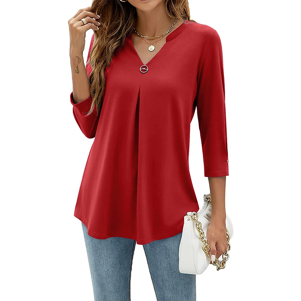 Womens Autumn V Neck 3/4 Sleeve Shirts Business Casual Tops Loose Work Tunic Blouse