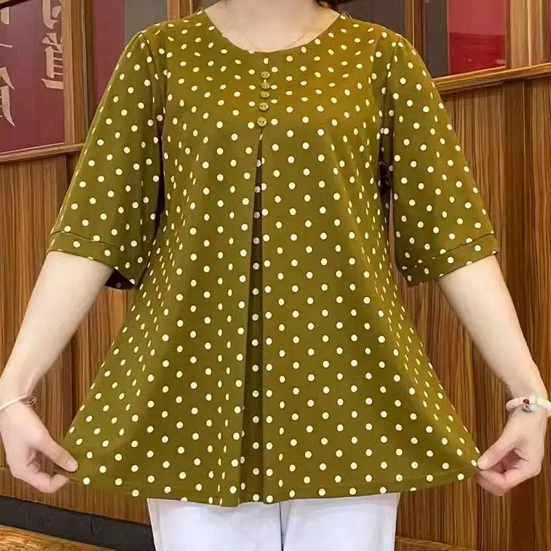 

Faionable Polka Dot Chiffon Top mid Sve round Ne Midi Length Korean Sle plus Size Women's T-irt Summer Hit
