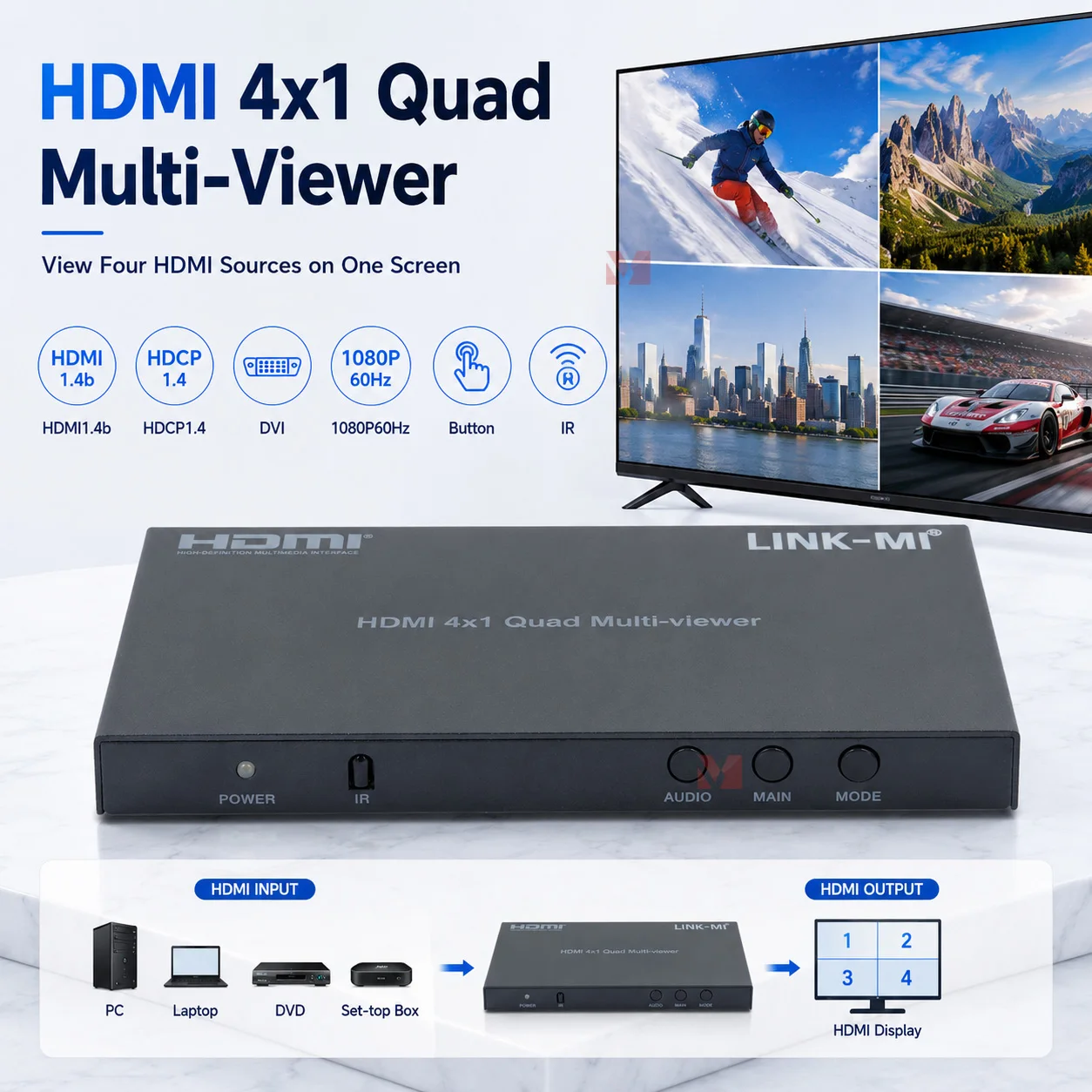 

HDMI 4x1 Quad Multi-Viewer 1080P60Hz HDMI1.4 Multiviewer 4 input 1 output with IR RS232