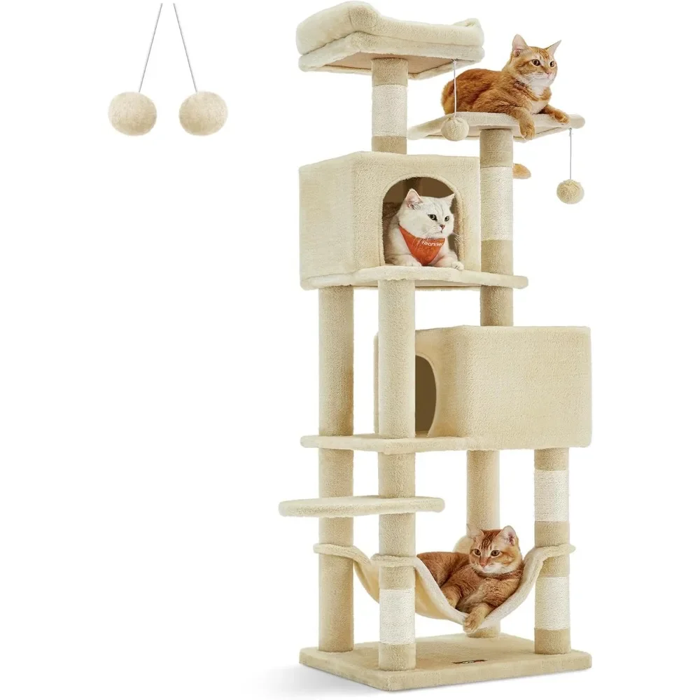 

Cat Tree, 61-Inch Cat Tower for Indoor Cats, Plush Multi-Level Cat Condo with 5 Scratching Posts, 2 Perches, 2 Caves, Hammock