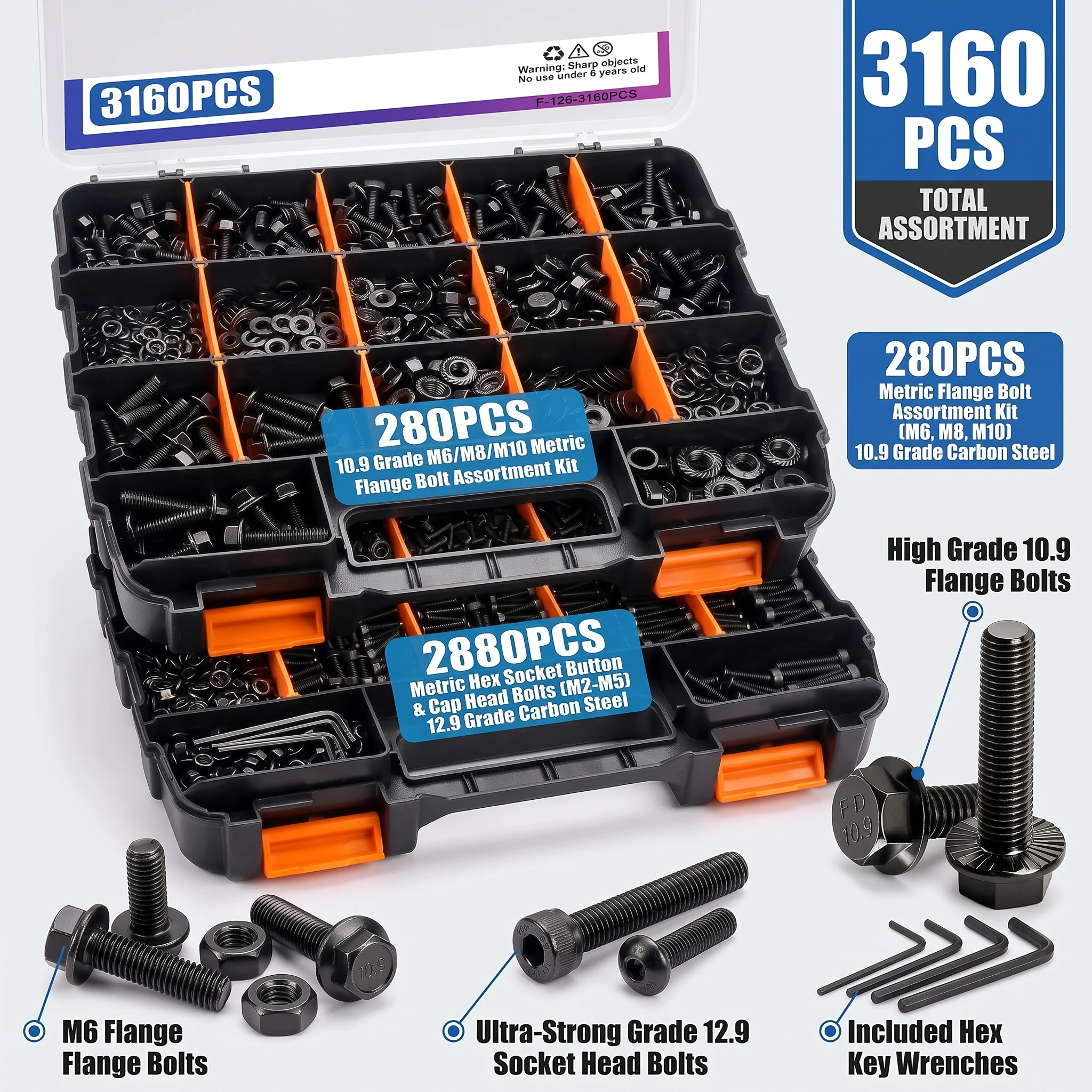 3160Pcs Metric Bolt Nut Washer Assortment Kit Grade 12.9/10.9 Black M2 M3 M4 M5 M6 M8 M10 Hex Socket Flange Screw with Double La