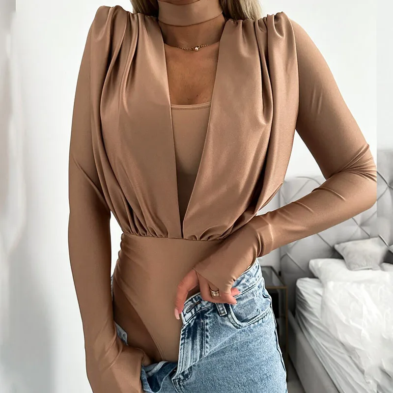 Women Fashion Solid Bodysuit Rompers Summer Elegant Long Sleeve Slim Jumpsuits Ladies Sexy Commuter All-match Pleated Playsuits