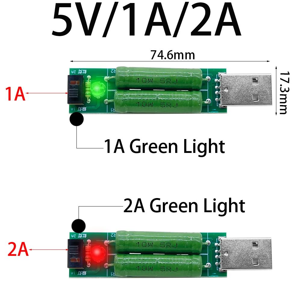 USB 저항 DC 전자 부하 2 스위치 가변 전류 5V 1A/2A/3A 배터리 용량 전압 방전 저항 테스터