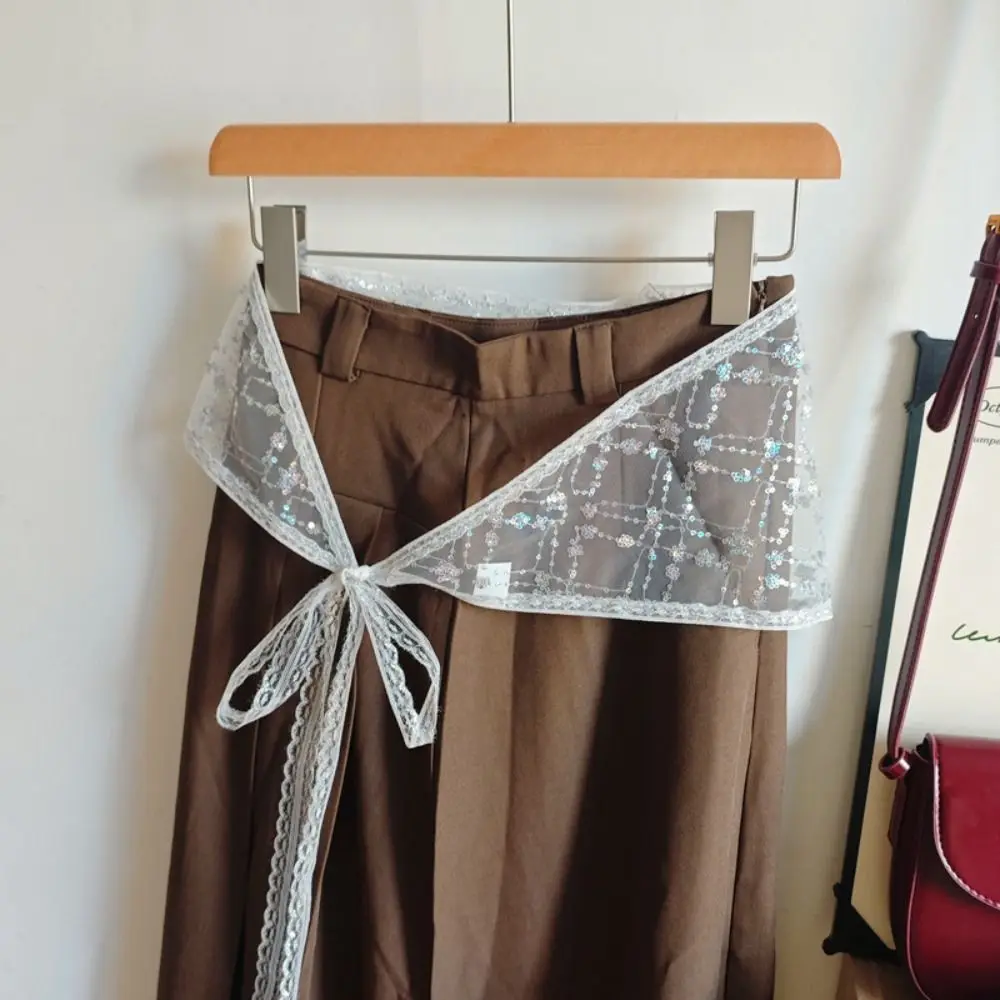 Rok Mini renda gaya Korea modis rok setengah payet kasa segitiga gaun ikat pinggang tipis sabuk Jeans gadis pedas