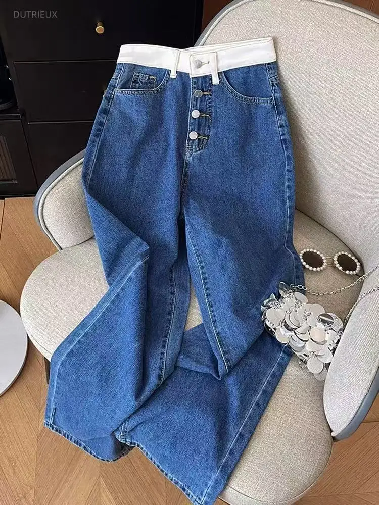 Y2k Denim Pants For Women Fake 2 Pieces Color Blocking Pantalones Mujer Versatile Vintage Fashion High Waist Trousers