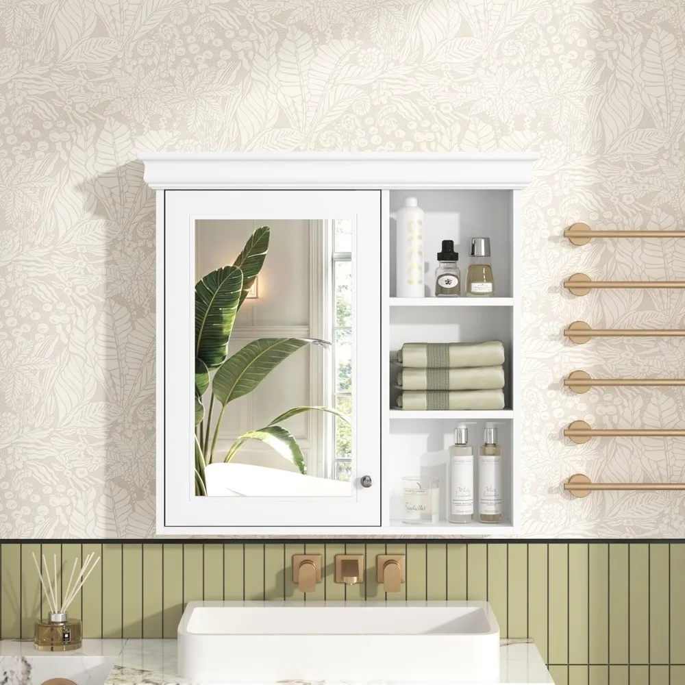 Modern Bathroom Medicine Cabinet with Mirror, 30" x 28" Wall Mounted White Medicine Cabinet with Storage and Open Shelves