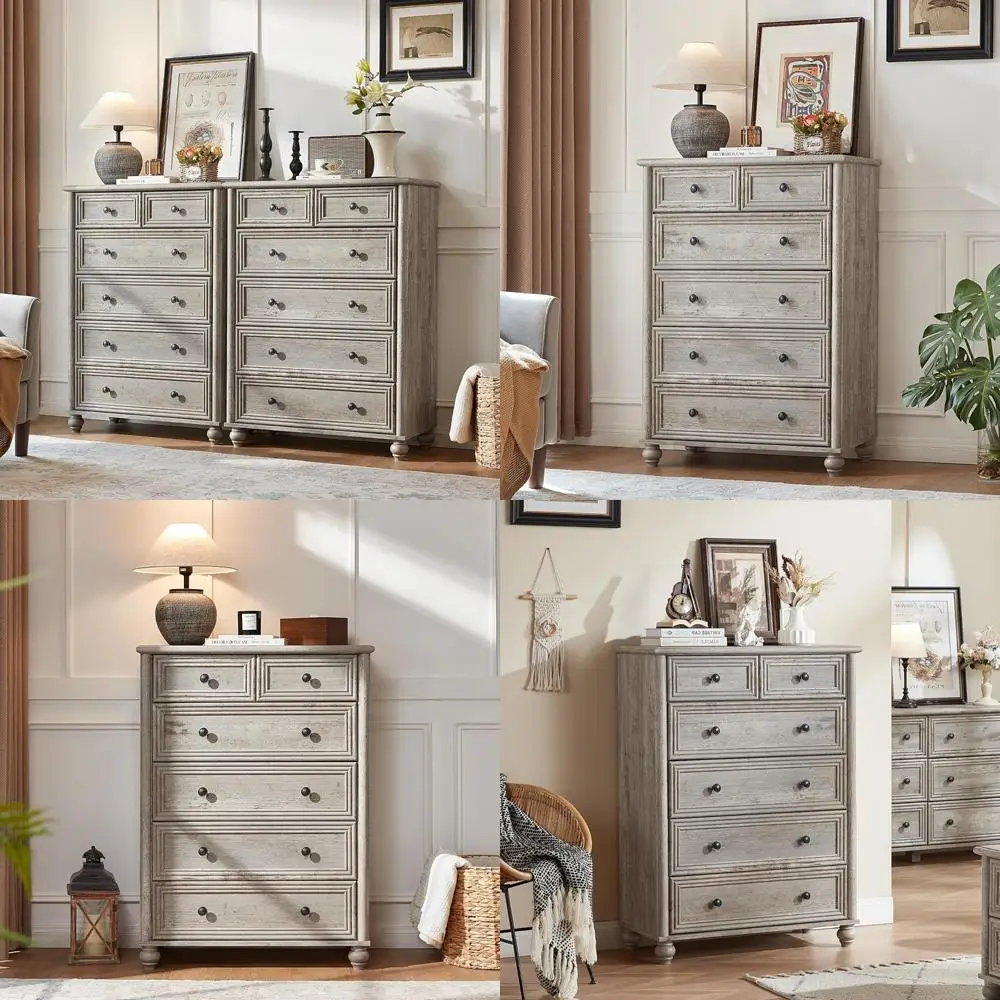 

pair of 6-drawer grey farmhouse dressers, 43.5" high, rustic roman column style