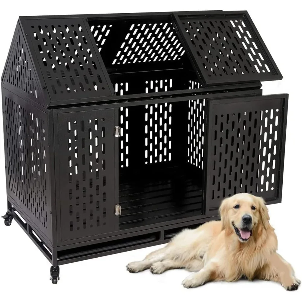 

Heavy Duty Dog Cage Crate Kennel Playpen Large Strong Metal for Large Dogs and Pets, Easy to Assemble with Patent Lock