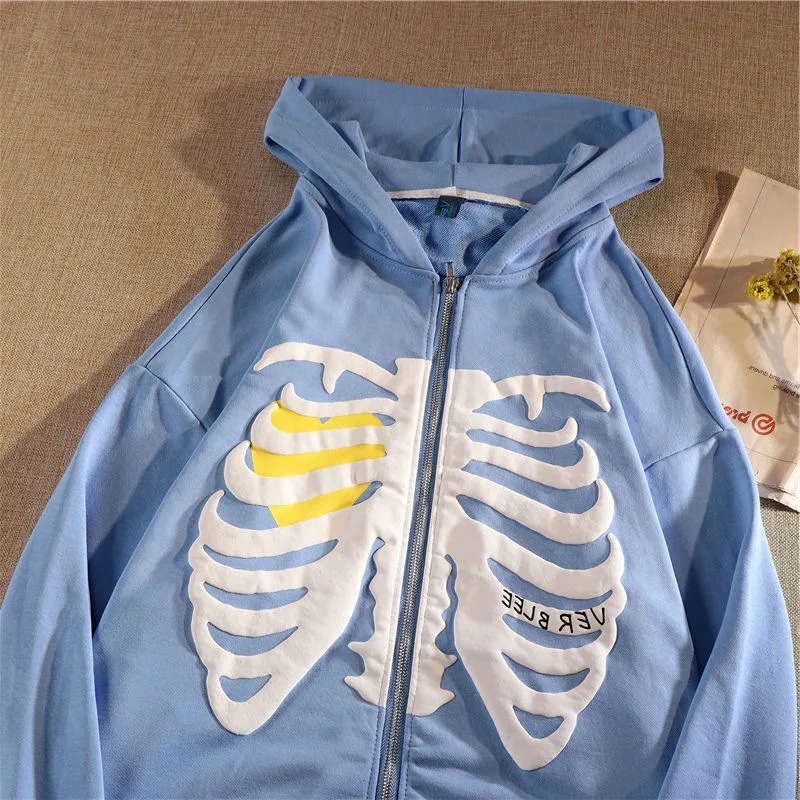 Übergroße Damen-Skelett-Druck-Retro-Harajuku-Hoodies, lässige Strickjacke mit Reißverschluss, Y2K-Jacke, heißer Verkauf, Streetwear, 2025, Winter-Frühling