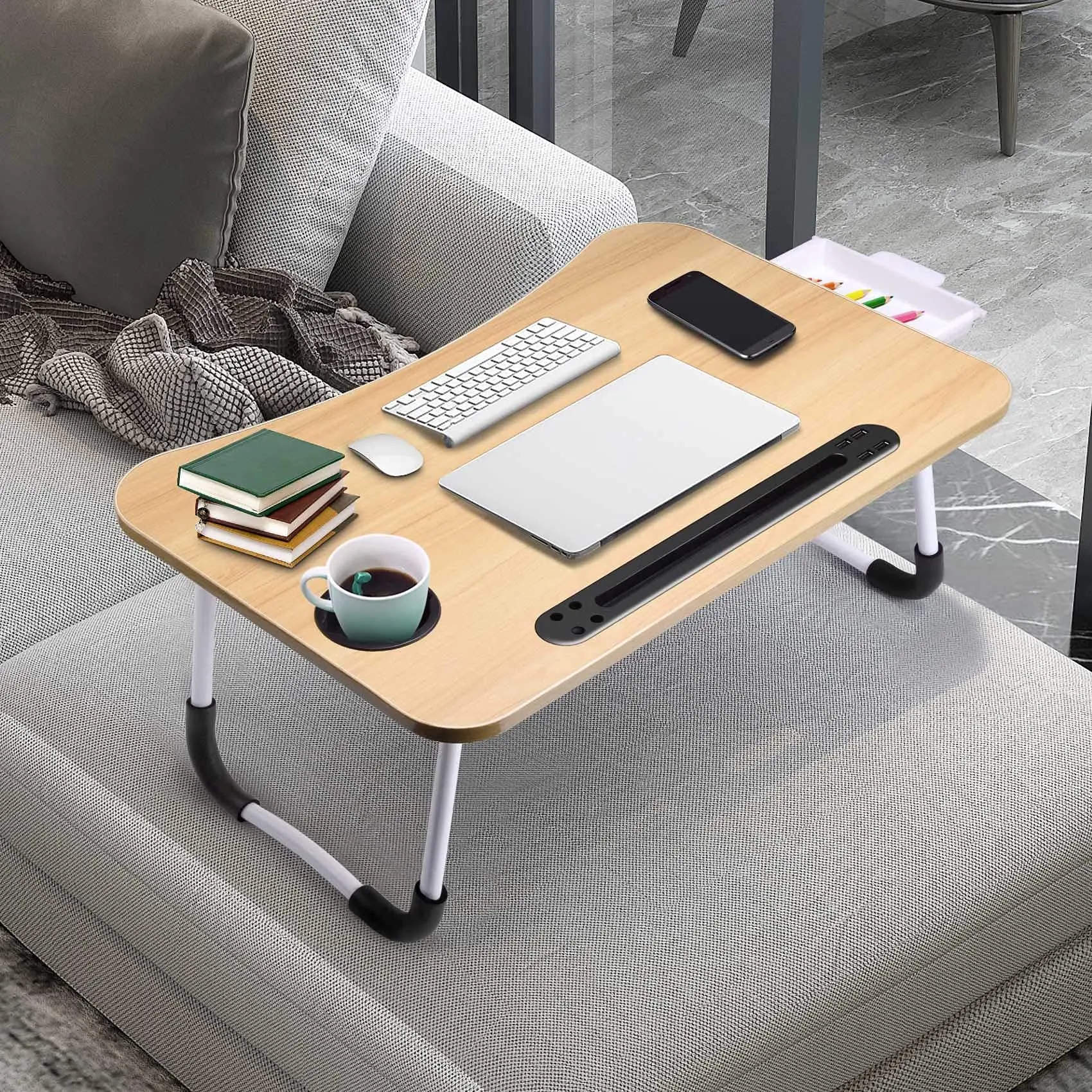 40x60cm portable folding table laptop table for office and home use with USB light, small fan, cup holder, tablet slot