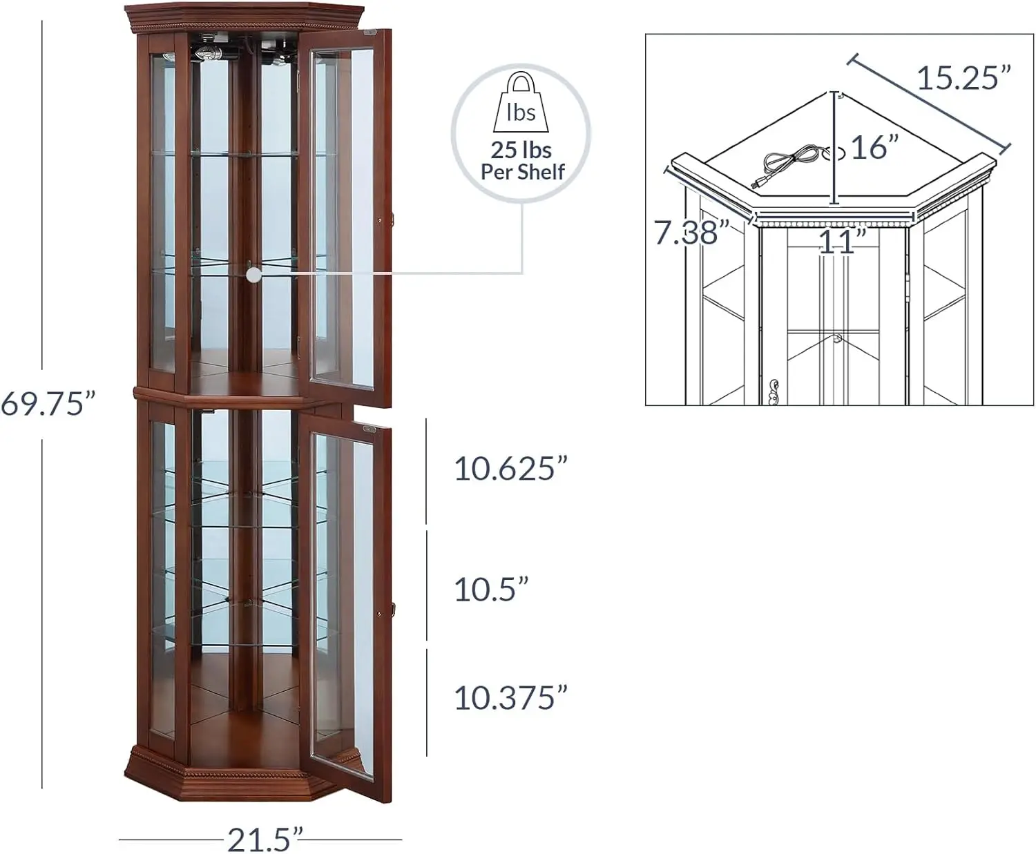 Belleze Lighted Wooden Corner Display Curio Cabinet, Two Section Shelving Unit With Tempered Glass Door, Bar And Liquor Storage