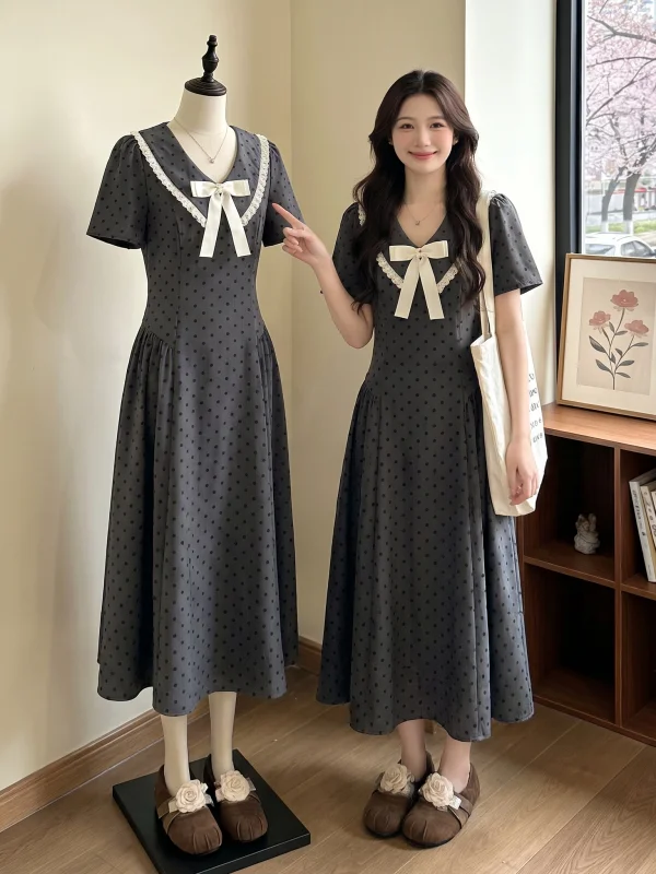 

Gray Polka Dot Puff Collar Dress Women's Summer New plus Size Waist Cinched Fugitive Princess Skirt Korean Style High Waist A...