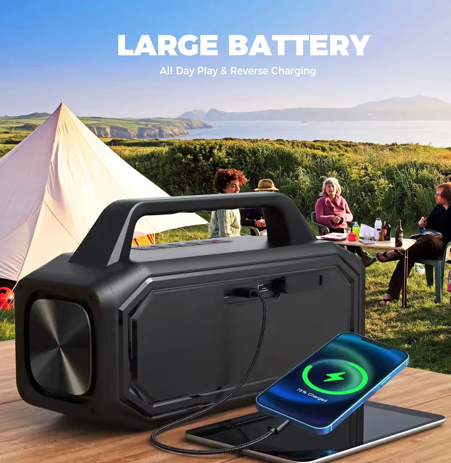 Портативная беспроводная Bluetooth-колонка W-KING BT261-2, 80 Вт, водонепроницаемая (IPX6), с усиленными басами, стереосопряжением и функцией обратной зарядки