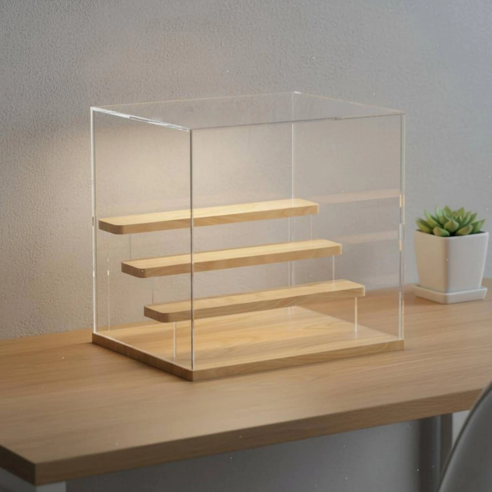 Acrylic Display Case Wooden Shelves Stepped Shelf Display Case Collectible Showcase Dust Protection