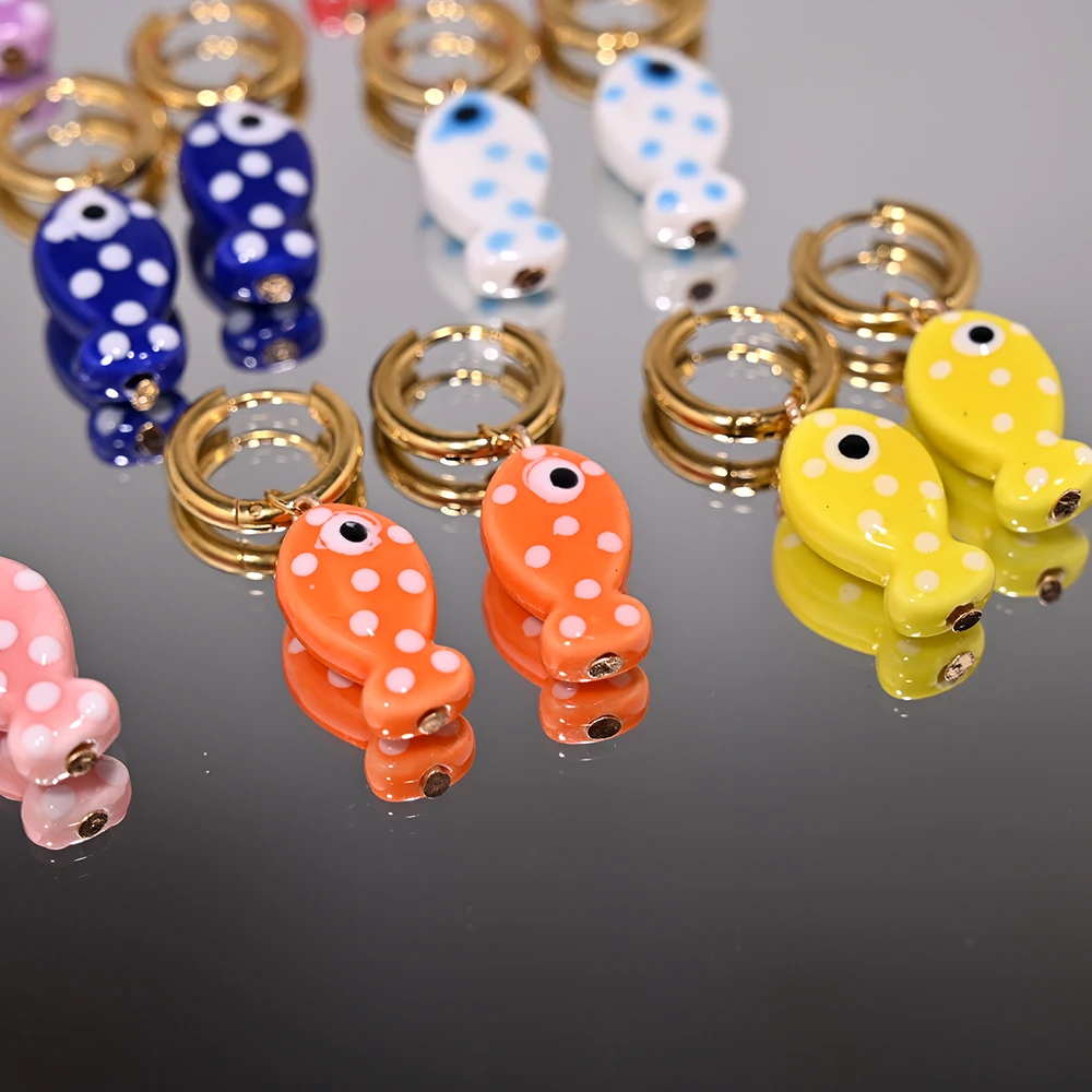Ceramic Fish Pendant Golden Stainless Steel Hoop Earrings for Women  Fashion Ear Buckle Jewelry Accessories