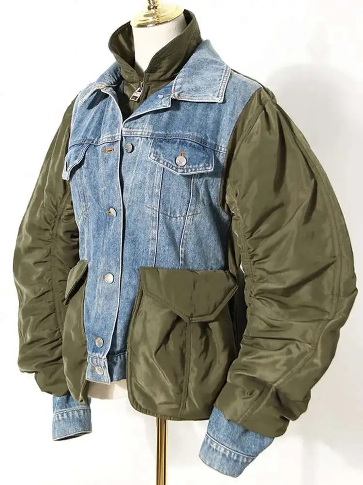 ZMEENNA Womens Color Block Denim Jacket Unique Design Casual Long Sleeve Coat Stylish Patchwork Outerwear Fashion Top ZM752