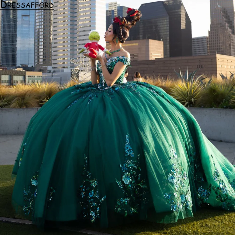 

Quinceanera Dress for Girls Flowers Decal Off Shoulder Vestidos De 15 Quinceanera Customized