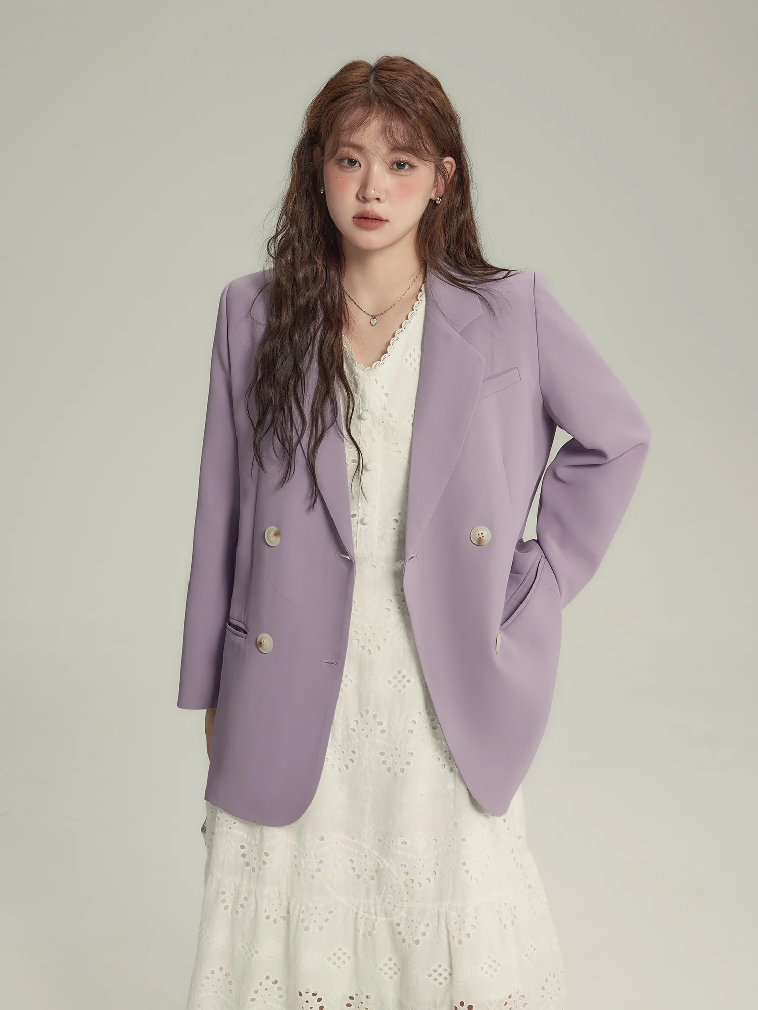 

Monika plus Size Women's Purple Suiting Long Sleeve Midi Coat Loose Outerwear Korean Style Shape Spring Autumn Wear