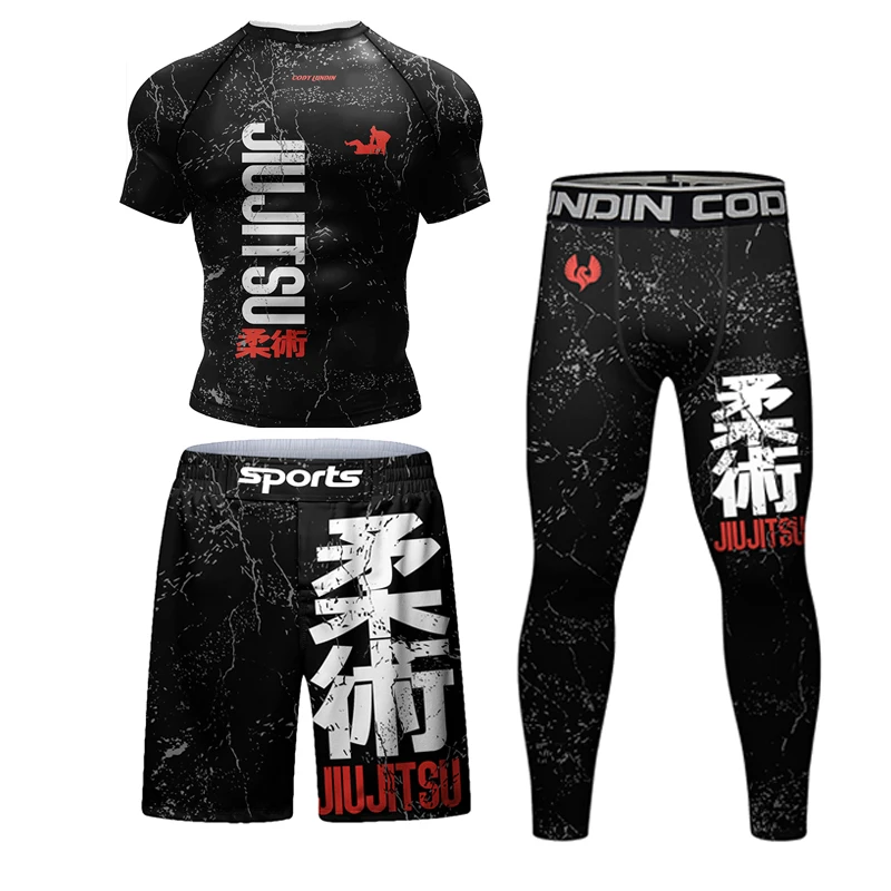 Baru Jiu Jitsu Rashguard MMA T-shirt + celana untuk pria 4 PCS/Set Brazilian Grappling Bjj Boxing Rash Guard pakaian olahraga pakaian Gym celana pendek