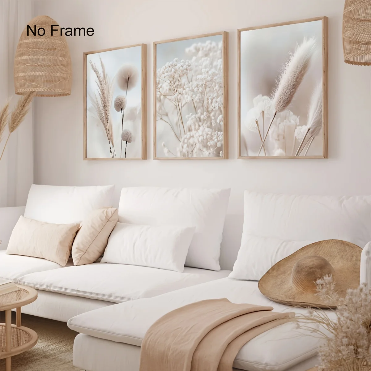 （Noframe 3PCS）-2D Flat, 2D Flat, Neutral Botanical Pampas Wild Grasses And Dried Flowers Wall Art Set of 3, Modern Autumn Lan