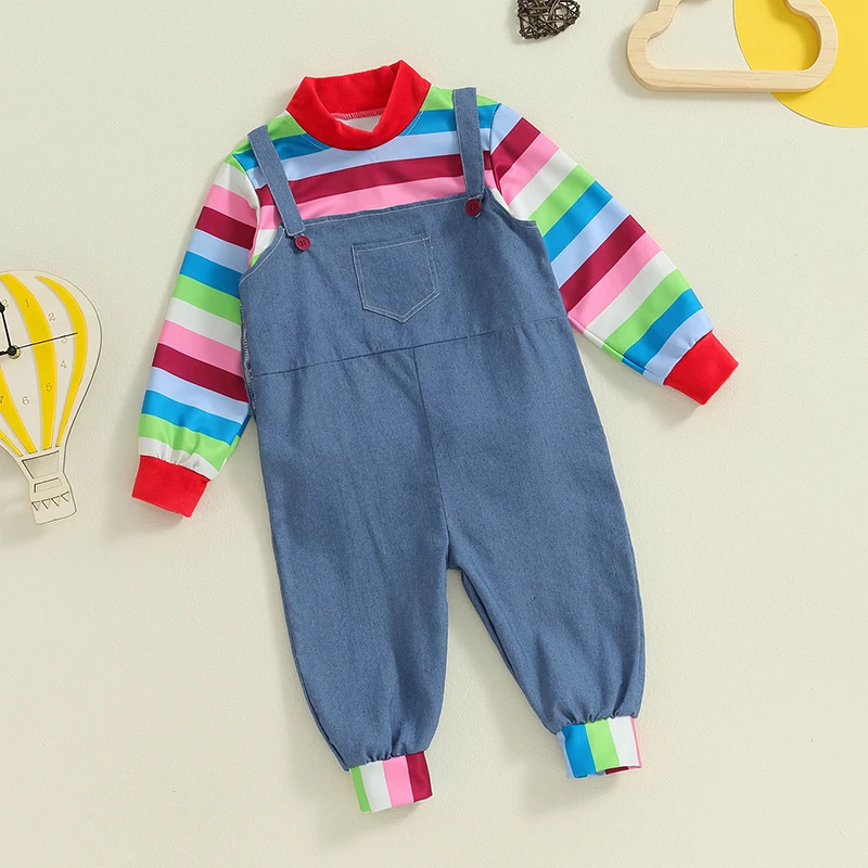 Toddler Baby Boy Girl Halloween Kids Chucky Costume Long Sleeve Striped Shirt Tops Rompers Jumpsuit Pants Cosplay Outfits Set