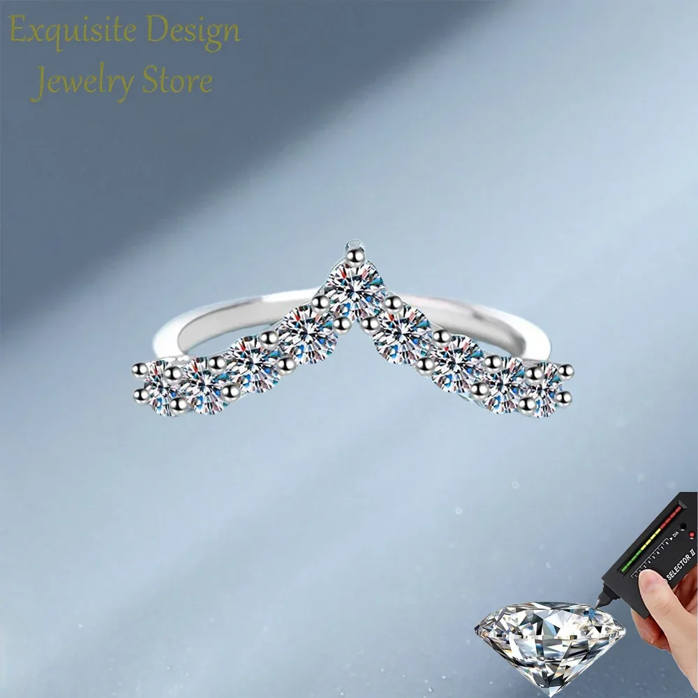 Exquisite Design V Shape Luxury 0.9 Carat Moissanite Diamonds Rings for Women, Simple Platinum Pt950 Tail Ring Atmosphere Gift