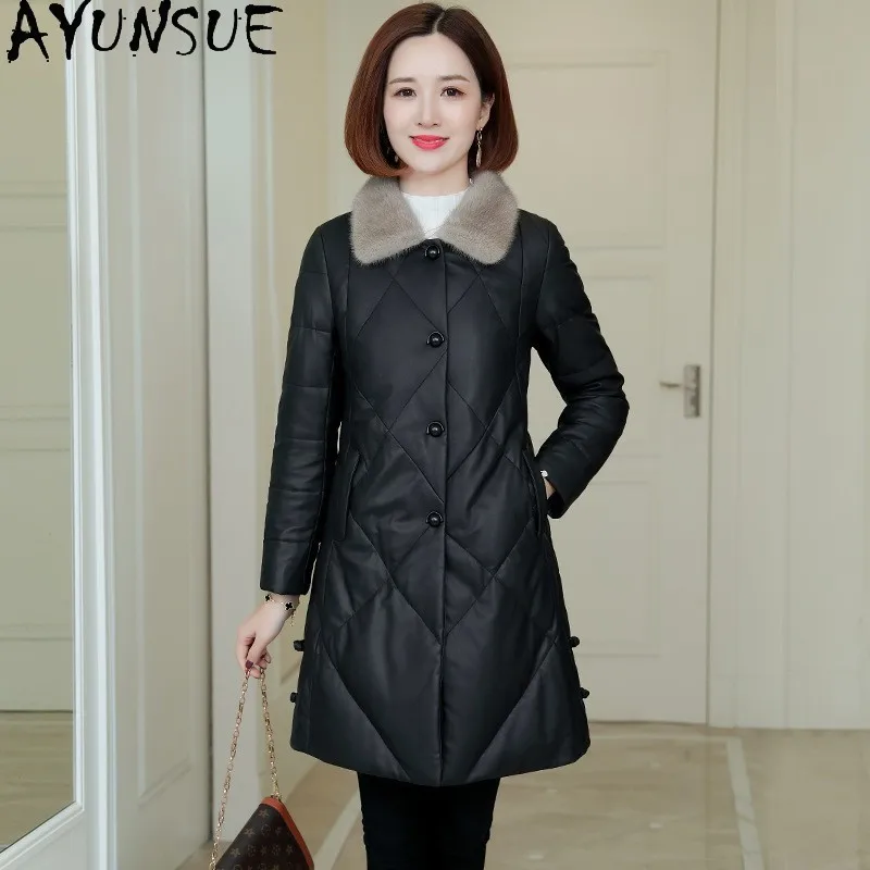 AYUNSUE トップ層シープスキン本革ジャケット女性の冬服 2025 ミンクの毛皮の襟ホワイトダックダウンコート Jaqueta Couro