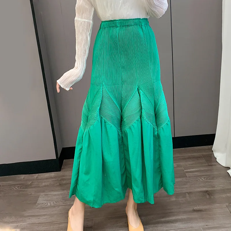 WHTREND jupe plissée à la main automne nouveau Style taille élastique Patchwork élégant ample polyvalent jupe pliante WH1089