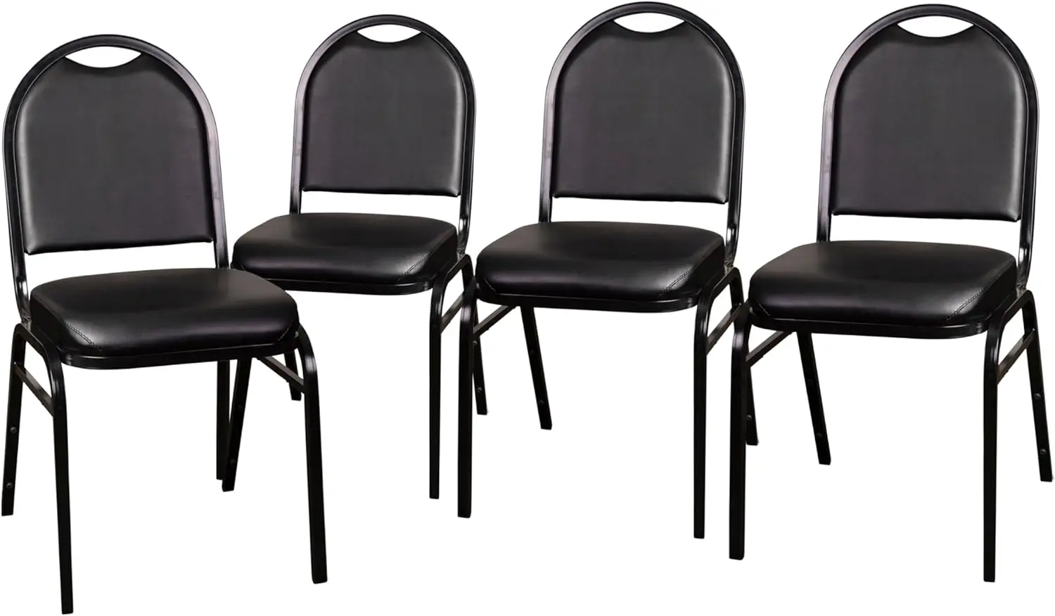 Furniture HERCULES Set of 4 Commercial Grade 500 LB. Capacity Dome Back Stack Chairs - Black Vinyl Upholstery - Black Metal Fram