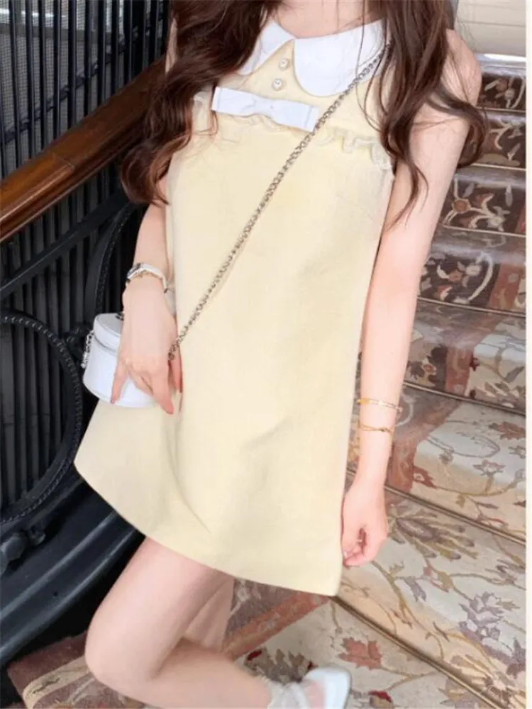 

French Celebrity Small Girl Yellow A Line Mini Dress Summer Fashion Peter Pan Neck Short Party Dress Cute Bow Patchwork Dress