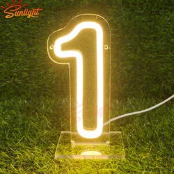 Numeri Neon Sign compleanno luci acriliche 1 con interruttore e Base per la decorazione della parete del salone di bellezza aziendale della festa nuziale