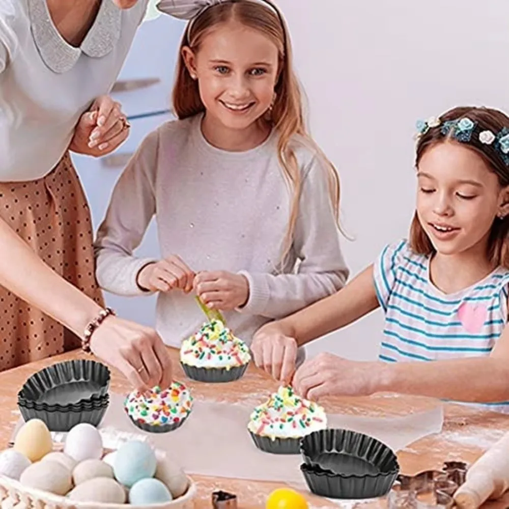 New Carbon Steel Egg Tart Pan Removable Bottom Non-Stick Quiche Pan Fluted Edge Stackable Pie Baking Mold Dessert Making