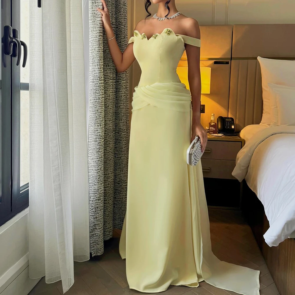 

Customized Off the Shoulder A-line Jersey Evening Dress With Crystal Watteau Train Party Dress Backless Floor Length Prom Gown