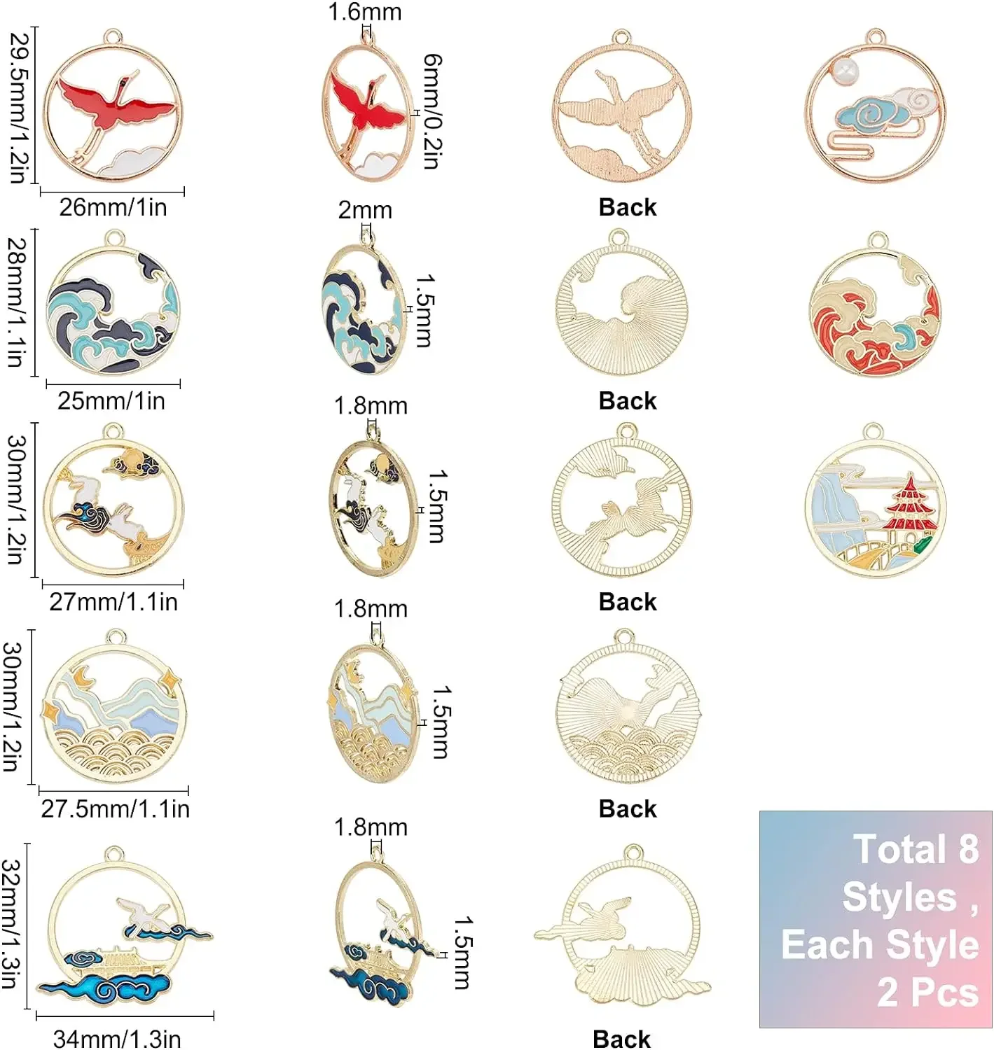 16Pcs 8Styles Alloy Enamel Frame Charms Flat Round with Cloud Hollow Pendants Wave Swan Charm Pendant Jewellery Findings