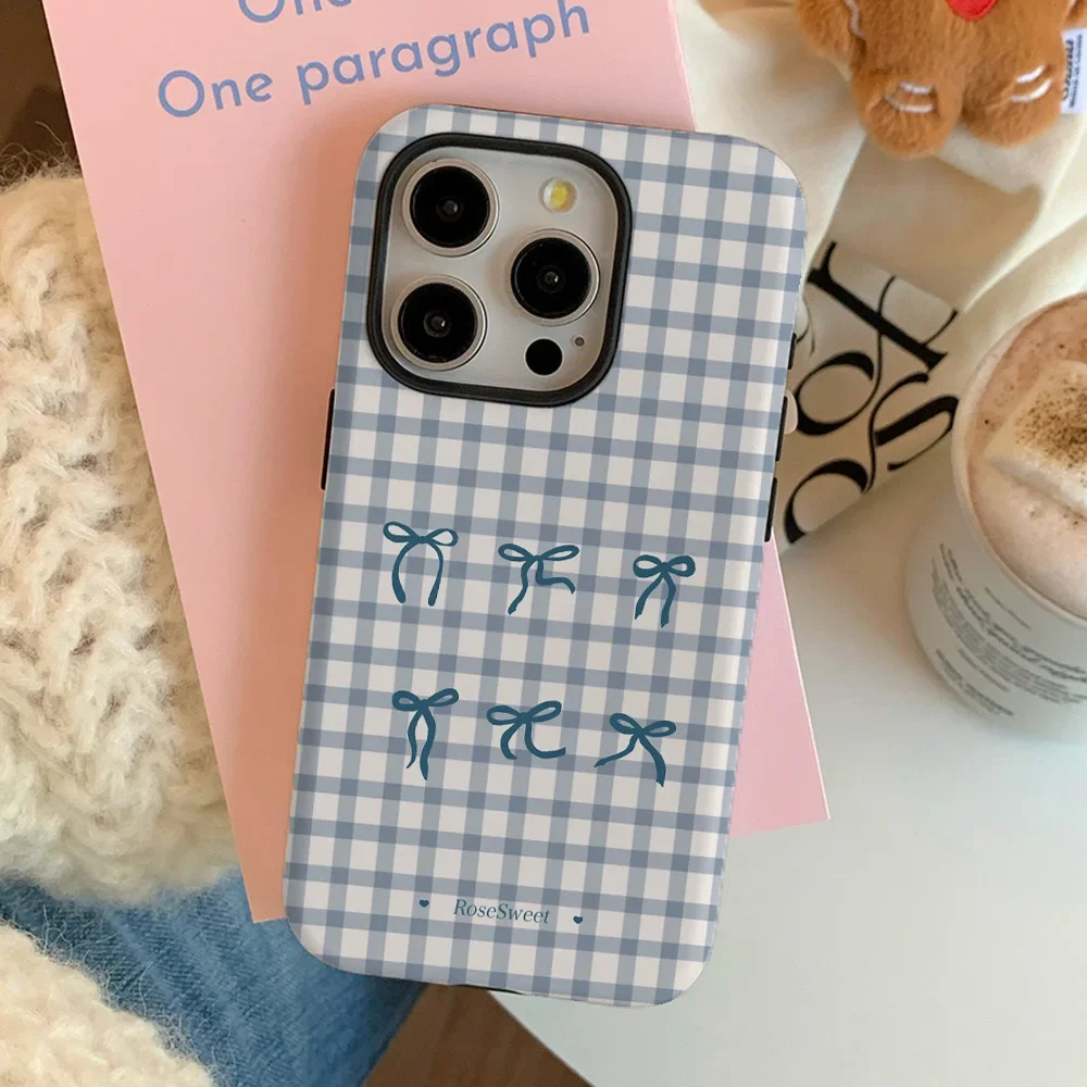 Summer Bow Blue Grid Phone Case for IPHONE 16 PRO MAX 14 13 12 11 PRO Plus 15pro XS XR Acrylic TPU Two in One Mobile Phone Cases