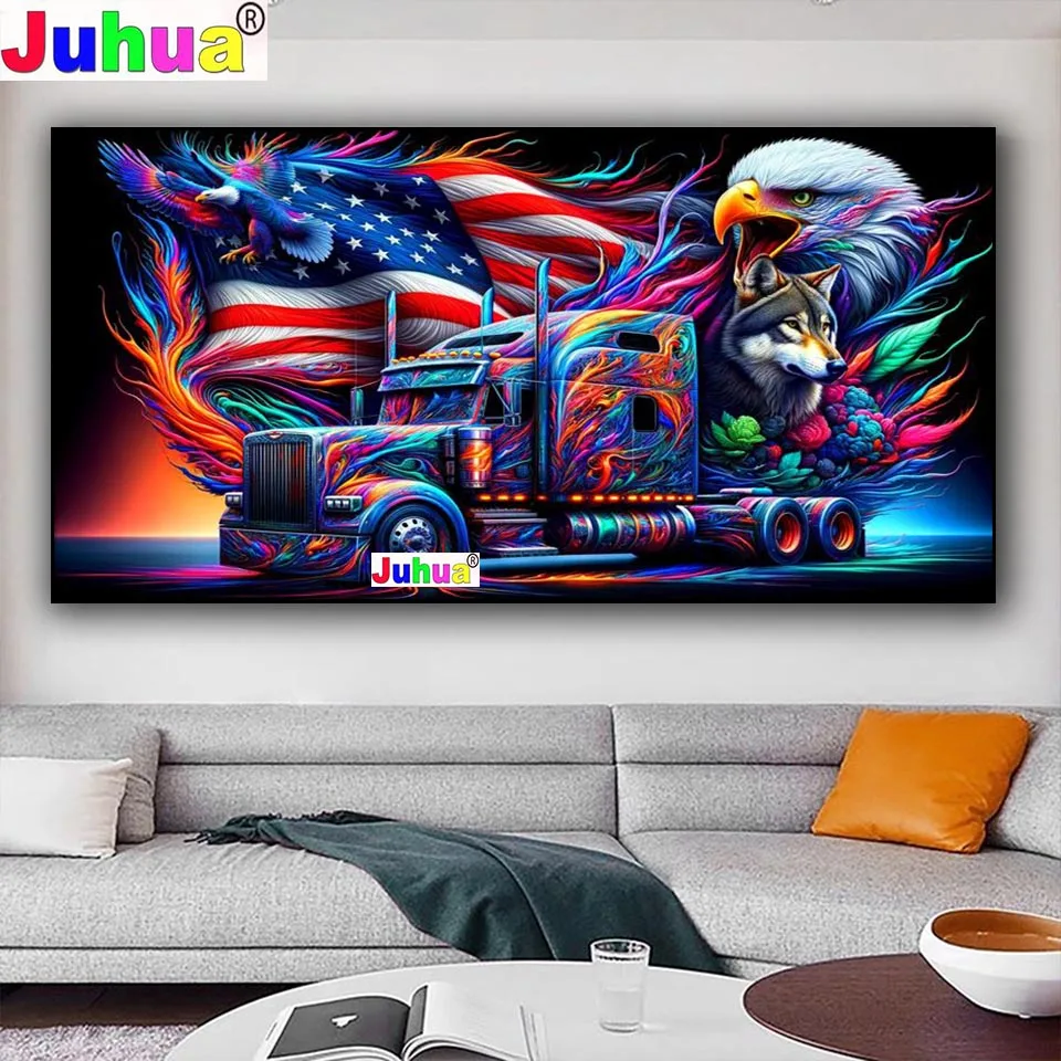 

Diy Diamond Mosaic Amazing landscape Truck Eagle Wolf Full Diamond Painting Cross Stitch Kit American Flag Living Room Decor,