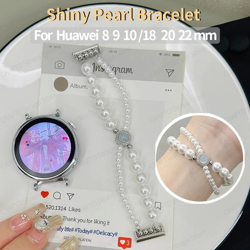 Double Pearl Bracelet Strap for Huawei Band11 10 9 8 GT6543 Fit345 Bling Rhinestone Moonstone Beaded Women Wrist Band 22 20 18mm