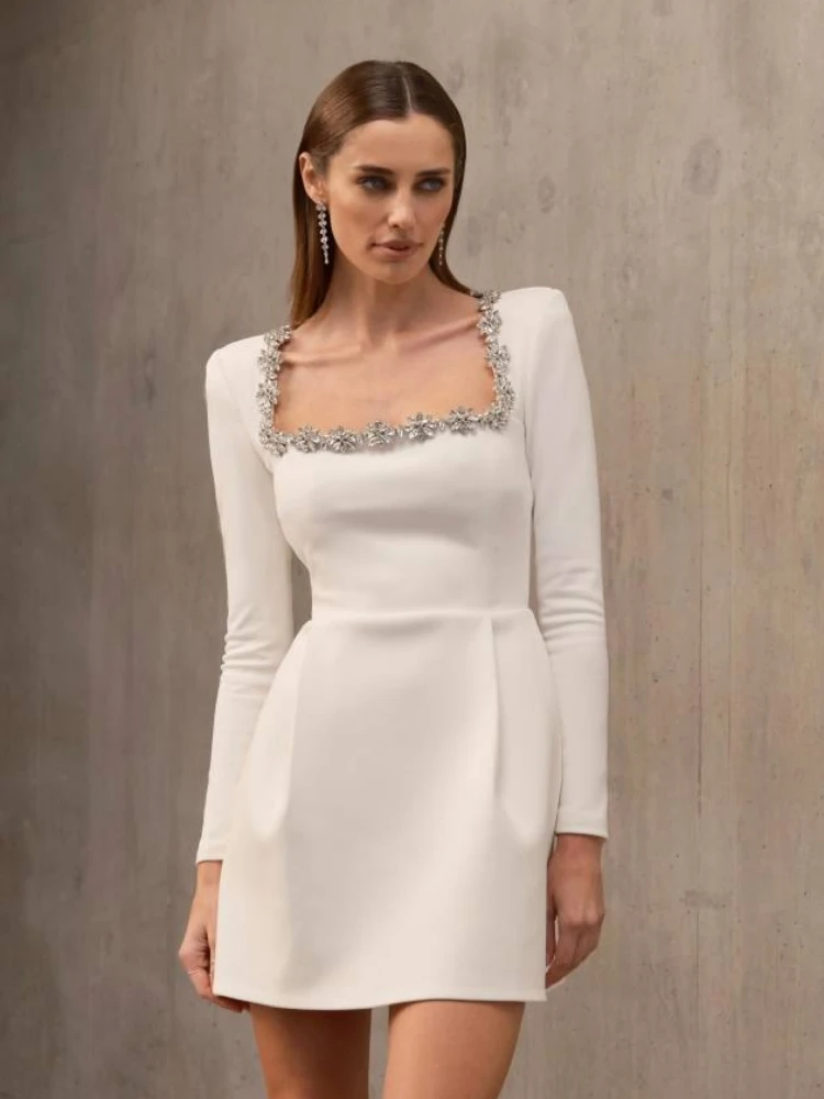 Sexy Long Sleeves Square Collar Crystal A-Line Slim Dress Women White Diamond With Pocket Mini Dresses Elegant Evening Party