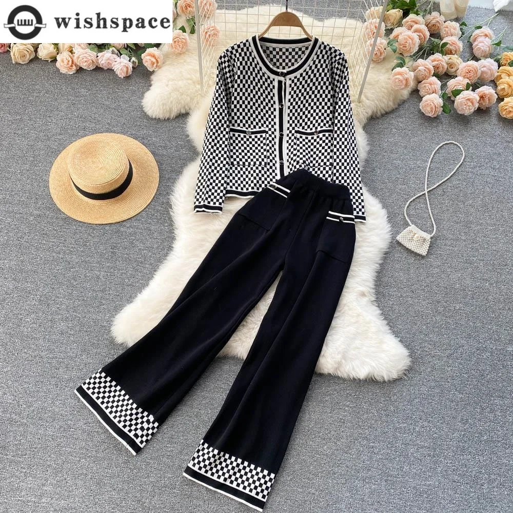 

Autumn Checkerboard Splicing Knitted Long Sleeved Sweater Top Casual Wide Leg Pants Two-piece Set Women's Pants Set Outfits