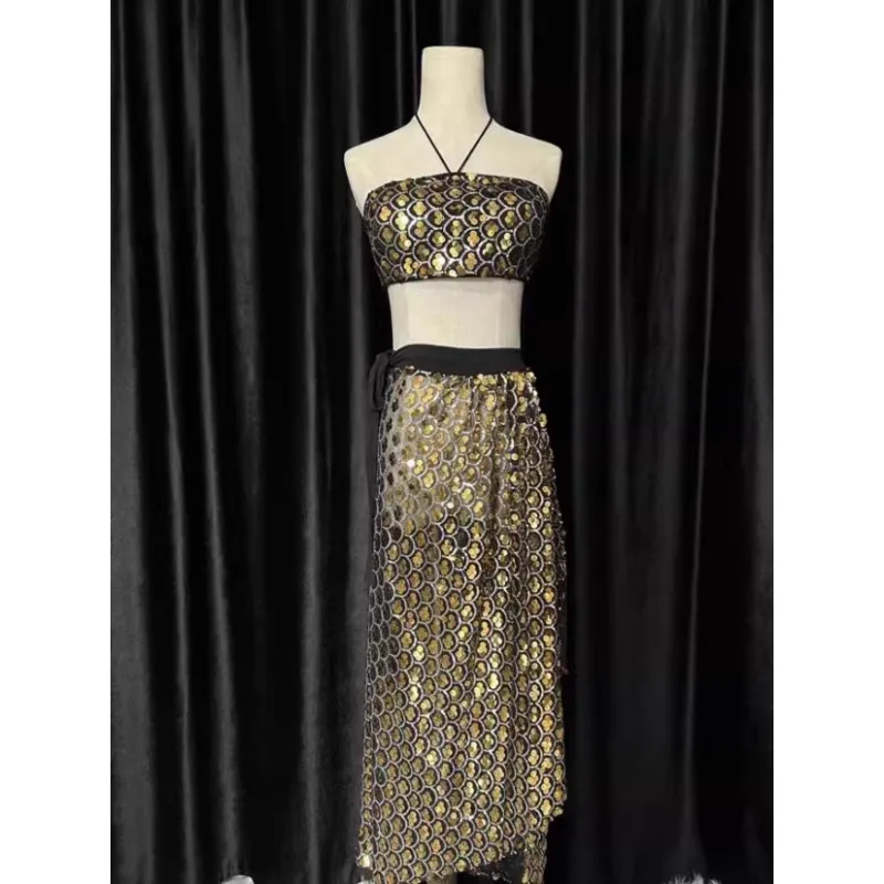 customized belly dance costumes clothes performance suit shiny strapless with chest cushion hip cloth and double layered pants