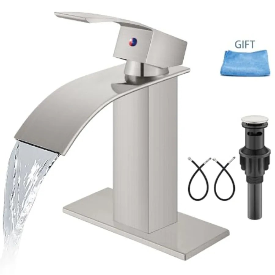 

Bathroom Faucet Single Handle 1 Hole Deck Mount Lavatory Vanity RV Sink Mixer Basin Tap with Cover Plate and Pop Up Drain Assem