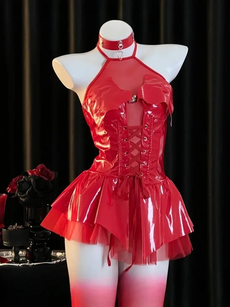 

Red Devil Cosplay Lingerie Mini Dress,Strapless Backless Bodycon Nightgown for Women,Sexy Mature Date Uniform,Sheer Temptation