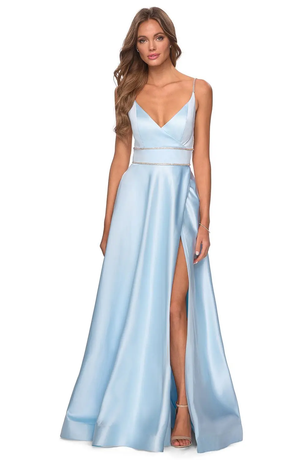 

Deep V-Neck Strappy Backless Beaded Waist High Slit Prom Dress Satin Wedding Dress Sleeveless Evening Floor-Length Party Dresses