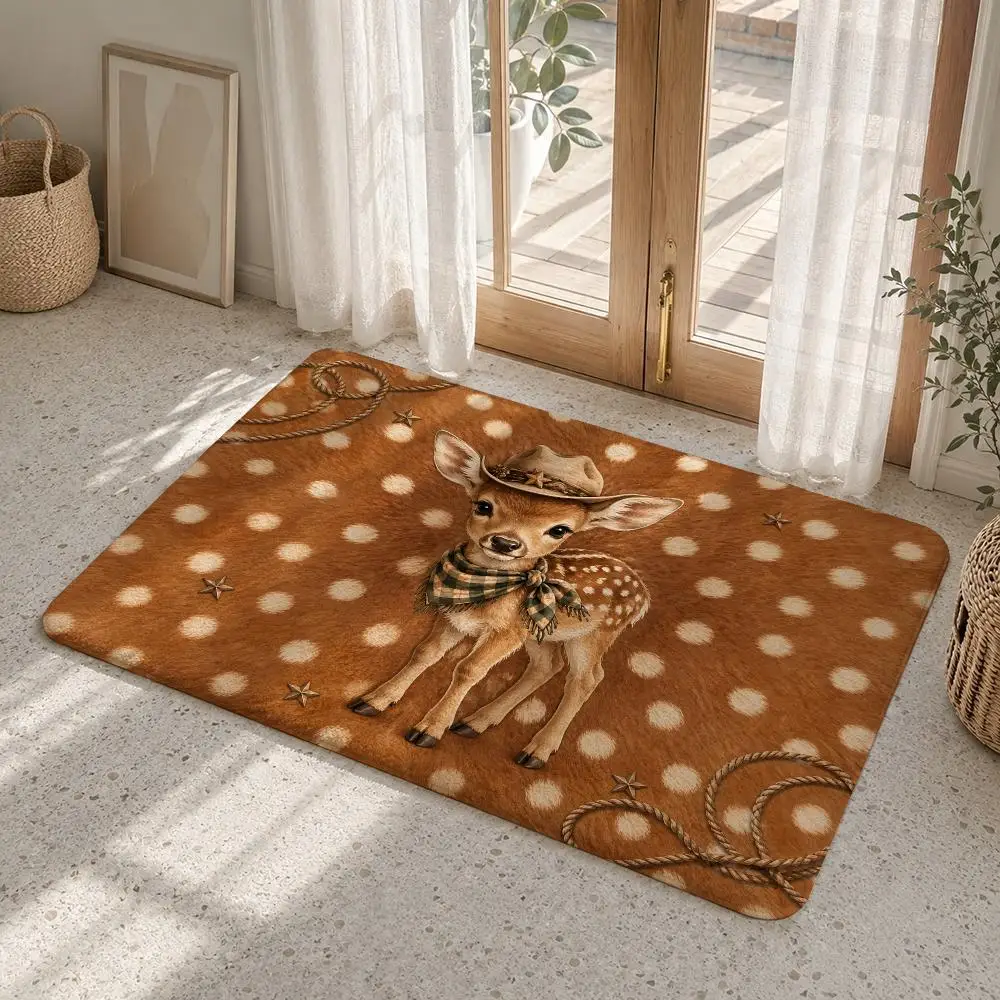 Wild West Cute Cowboy Animals Floor Mat Flannel Rug Non Slip Absorbent Soft Washable For Entryway Hallway Bathroom Kitchen Decor