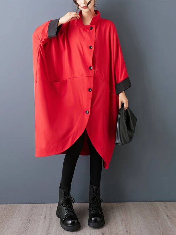 SuperAen الربيع والخريف جديد فضفاض الوقوف طوق الألوان المتناقضة Batwing الأكمام عارضة أزياء غير المتكافئة معاطف طويلة