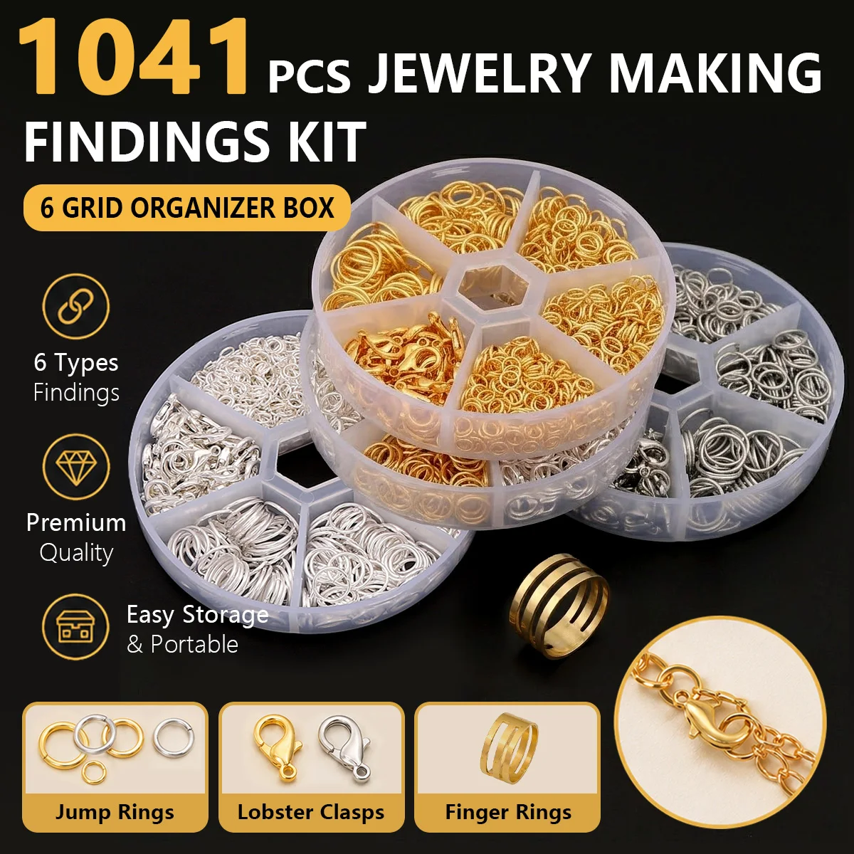 

1041pcs DIY Jewelry Making Findings Kit with 6 Grid Organizer Box Include Jump Rings Lobster Clasps & Finger Tool Rings Supplies